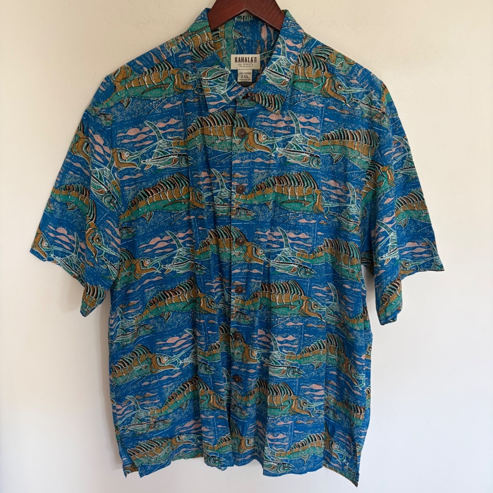 Kahala Avi Kiriaty Marlin Fish Print Aloha Shirt Blue Cotton Mens 2XL Hawaii